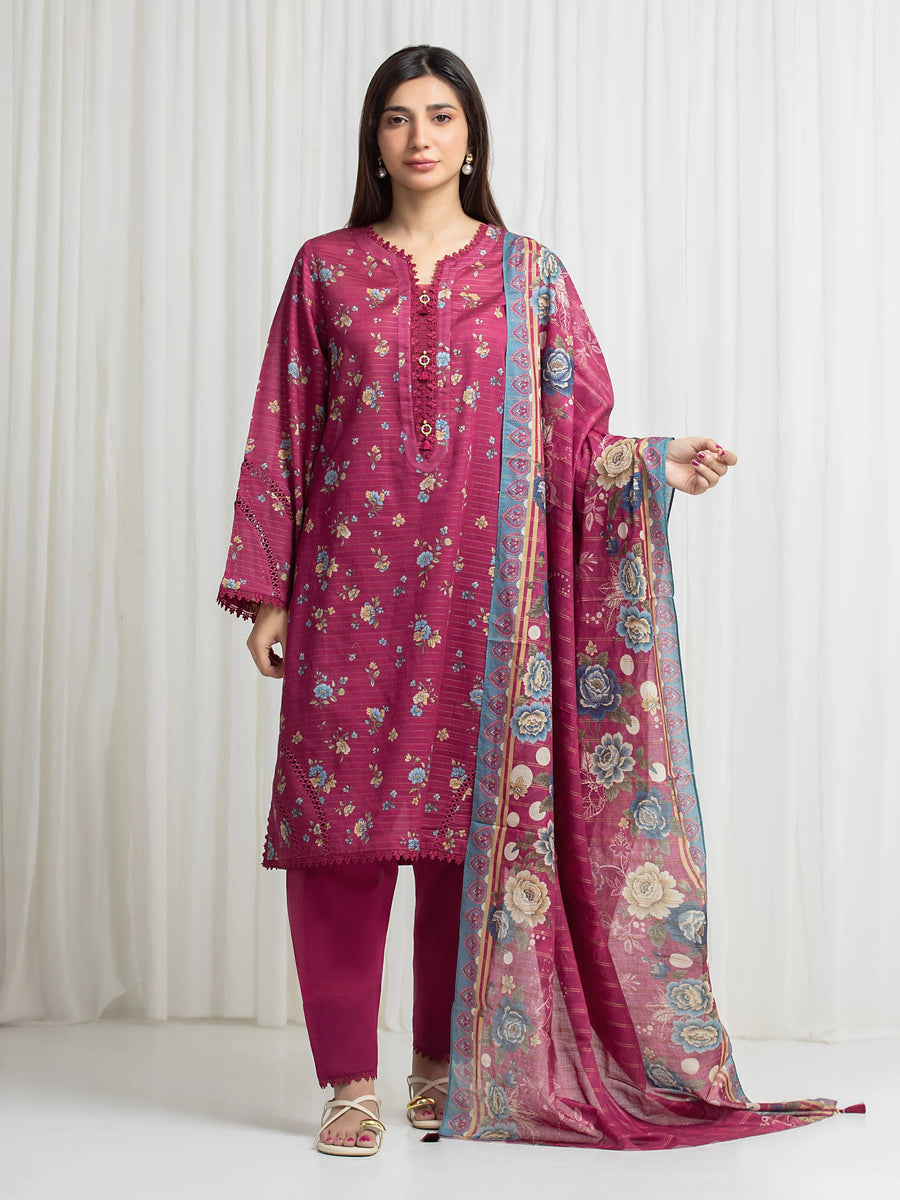 edenrobe Merak Printed Zari Lawn Unstitched 3Pc Suit EWU6M6-071