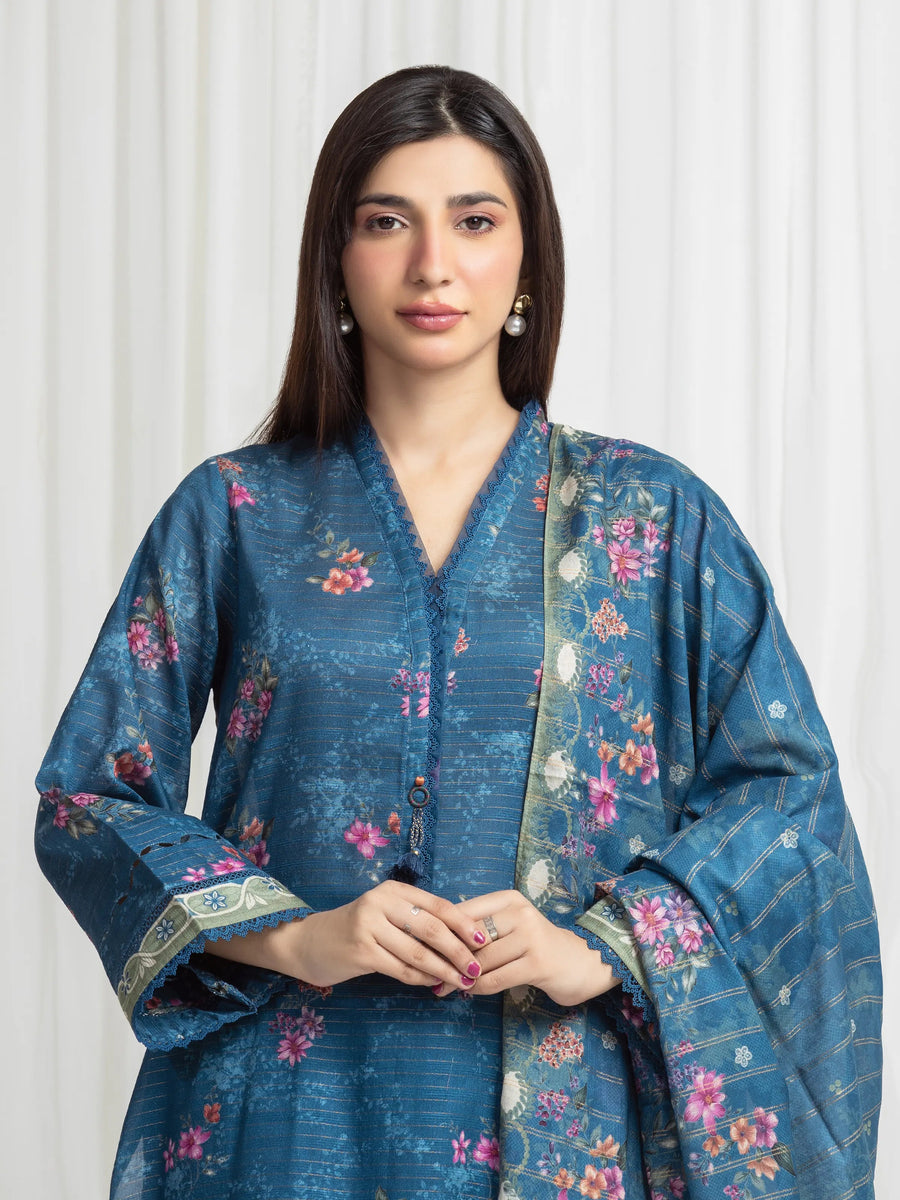 edenrobe Merak Printed Zari Lawn Unstitched 3Pc Suit EWU6M6-073