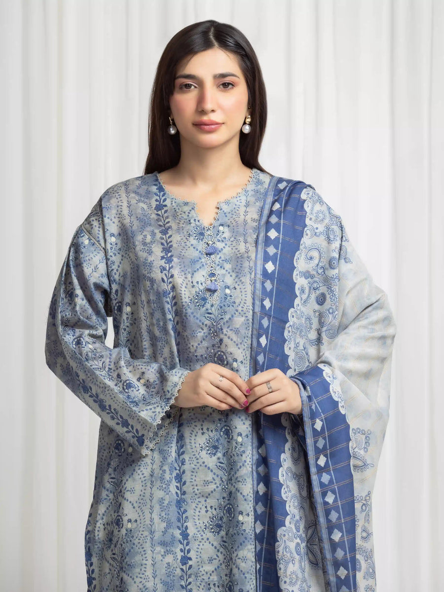 edenrobe Merak Printed Zari Lawn Unstitched 3Pc Suit EWU6M6-075
