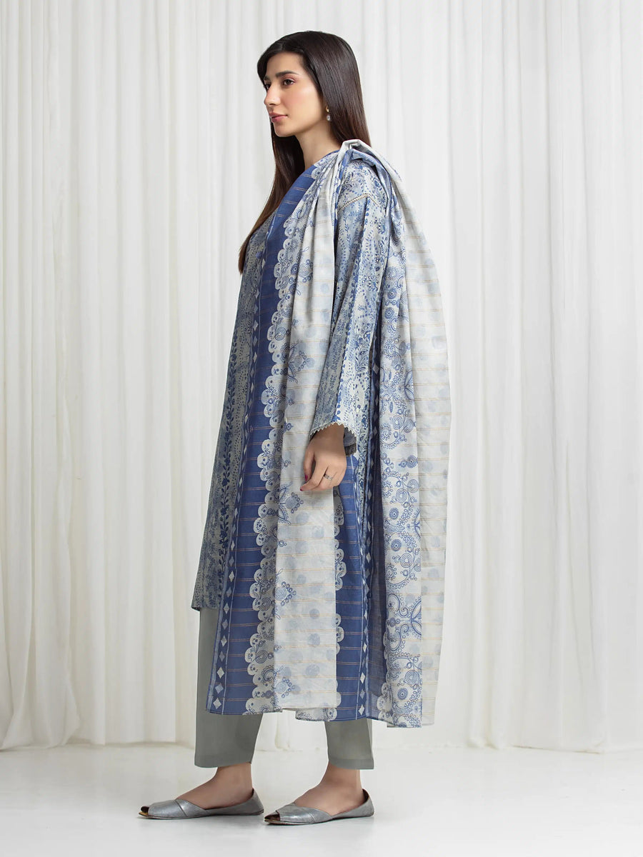 edenrobe Merak Printed Zari Lawn Unstitched 3Pc Suit EWU6M6-075