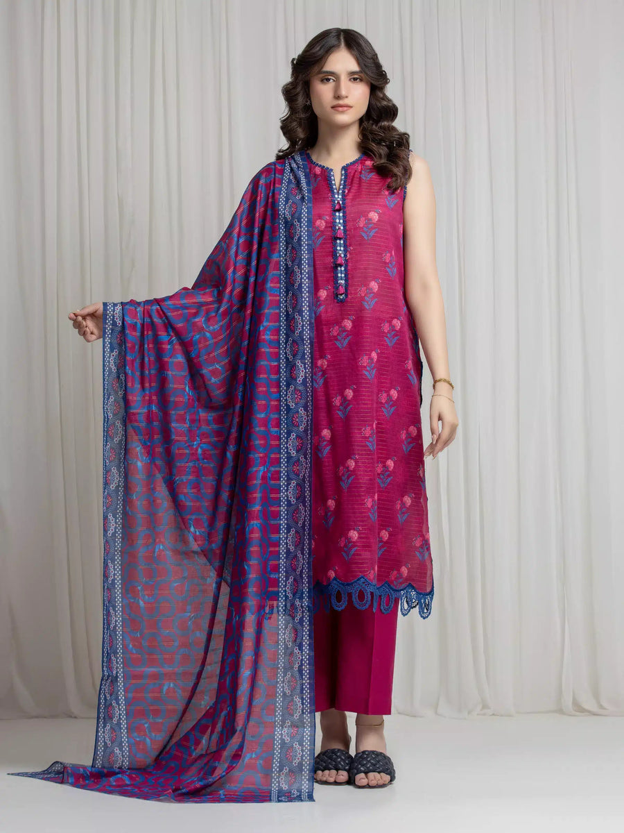 edenrobe Merak Printed Zari Lawn Unstitched 3Pc Suit EWU6M6-078