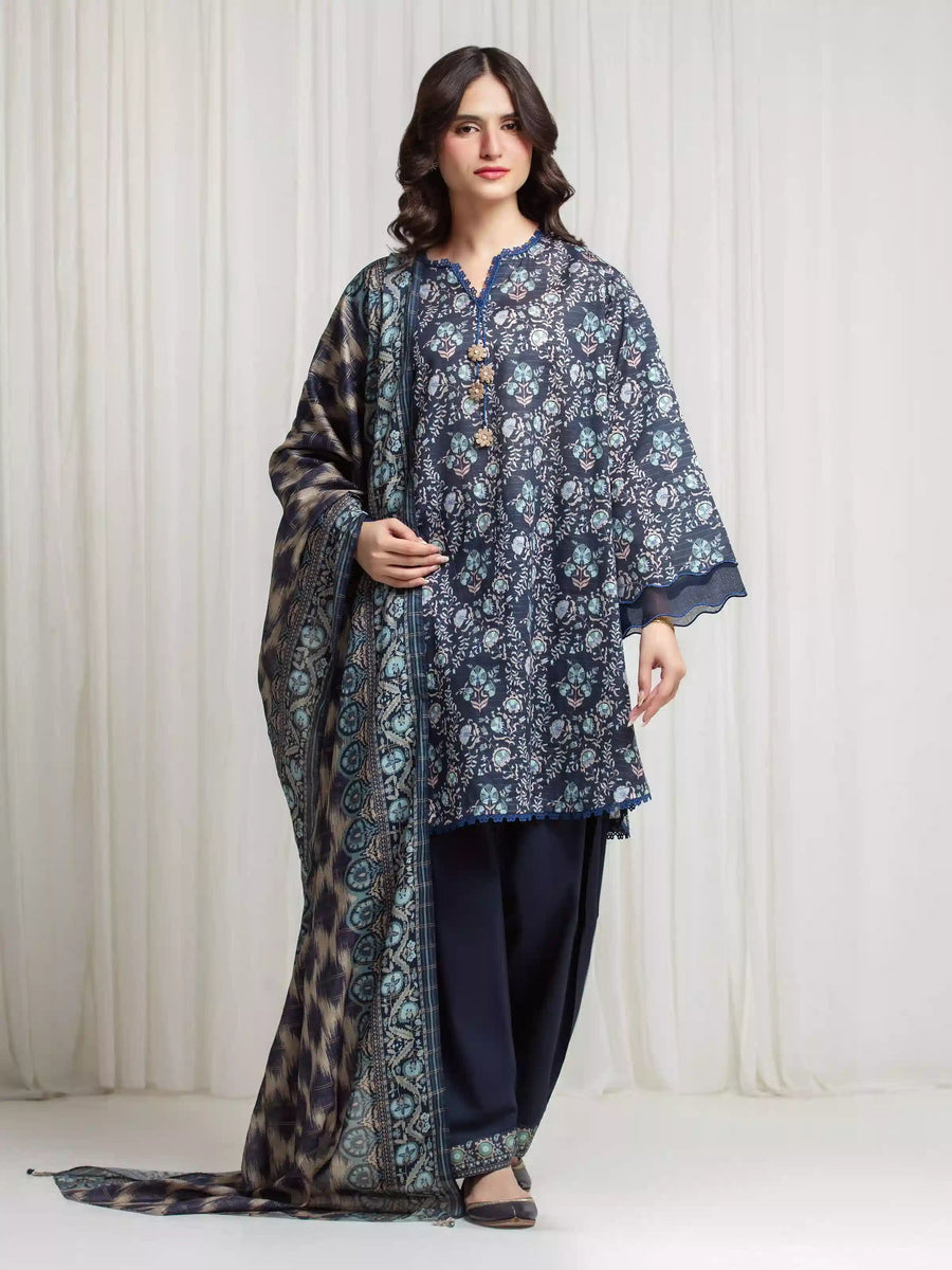 edenrobe Merak Printed Zari Lawn Unstitched 3Pc Suit EWU6M6-087