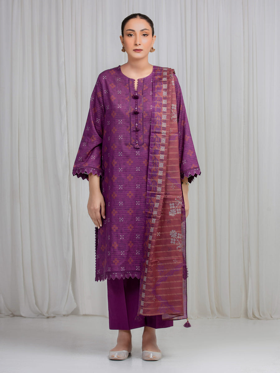 edenrobe Merak Printed Zari Lawn Unstitched 3Pc Suit EWU6M6-089