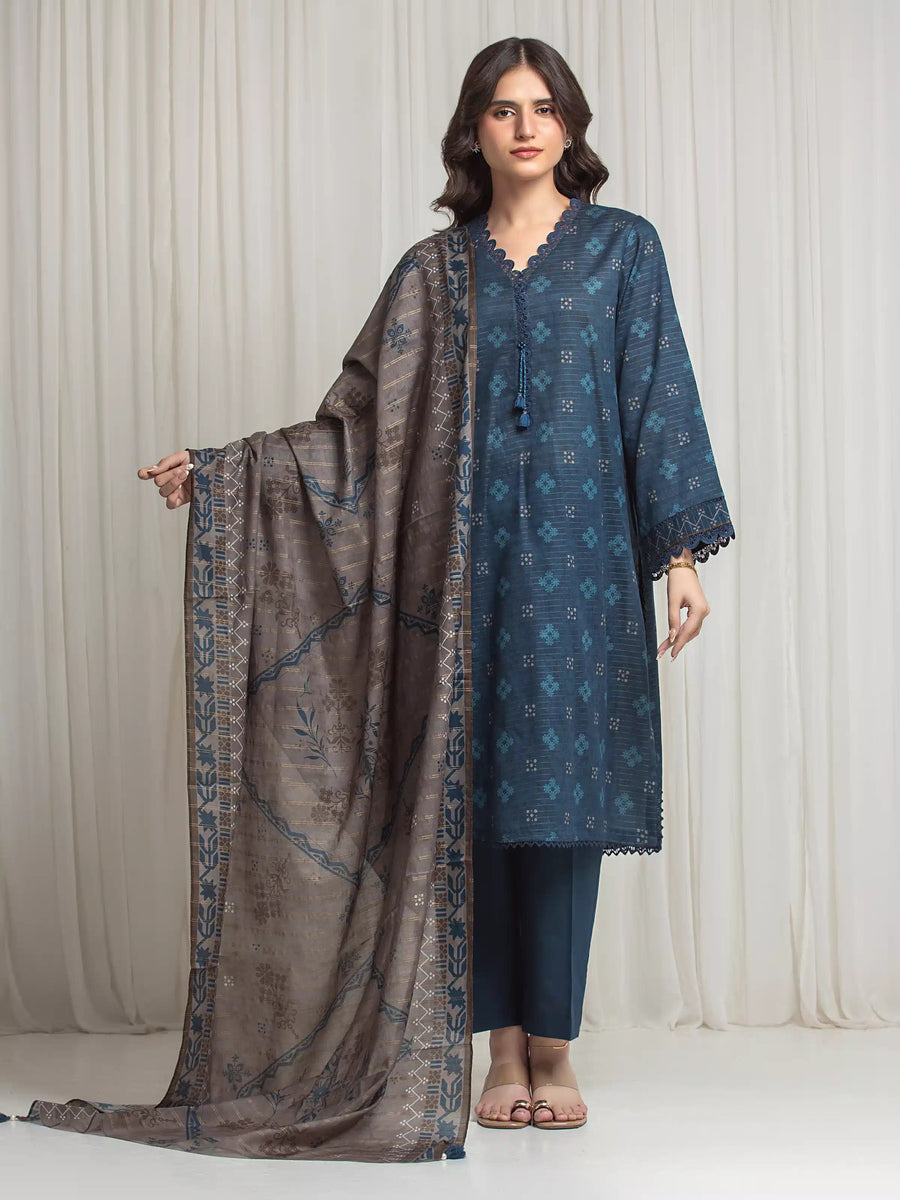 edenrobe Merak Printed Zari Lawn Unstitched 3Pc Suit EWU6M6-090