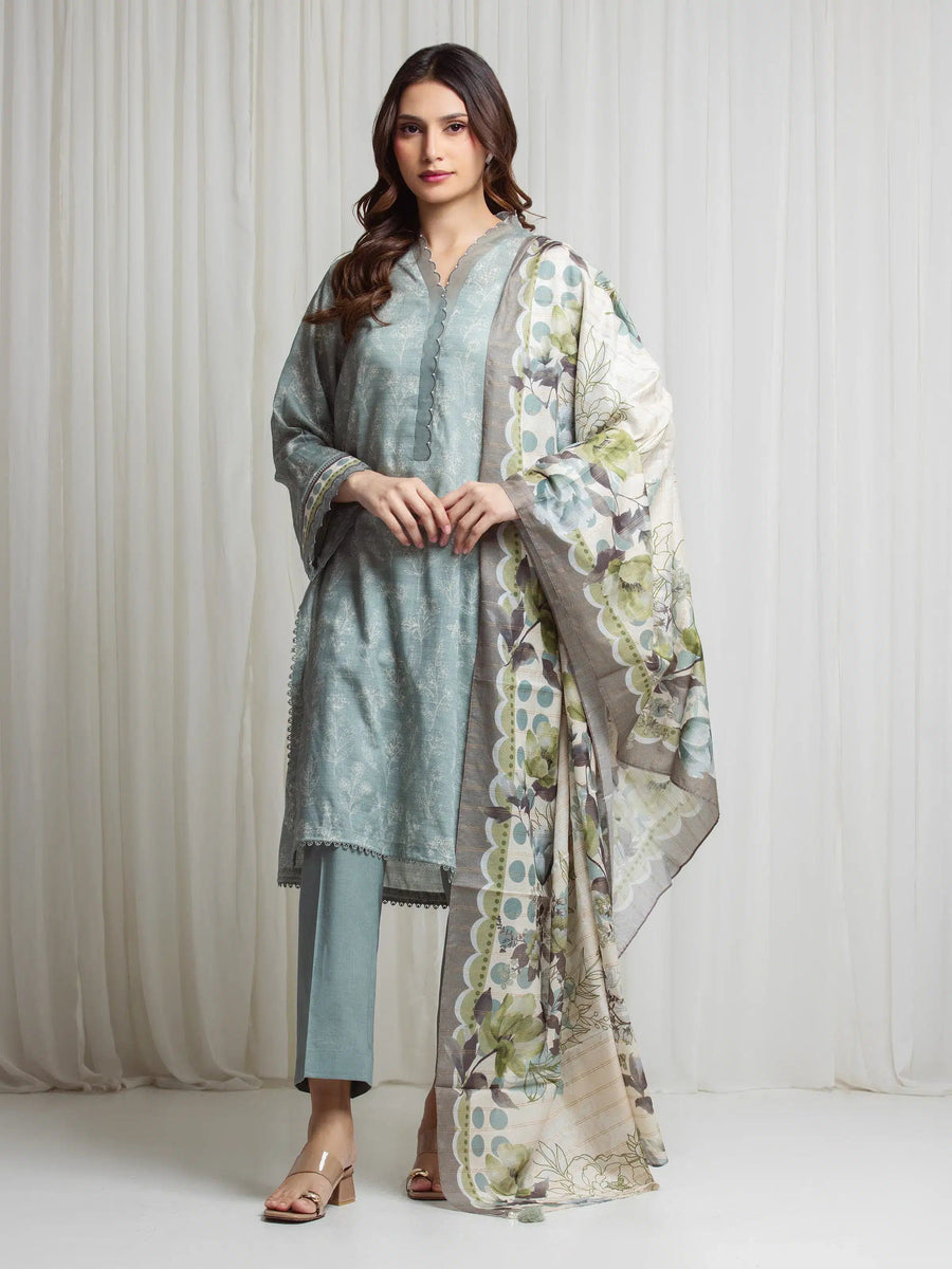 edenrobe Merak Printed Zari Lawn Unstitched 3Pc Suit EWU6M6-093