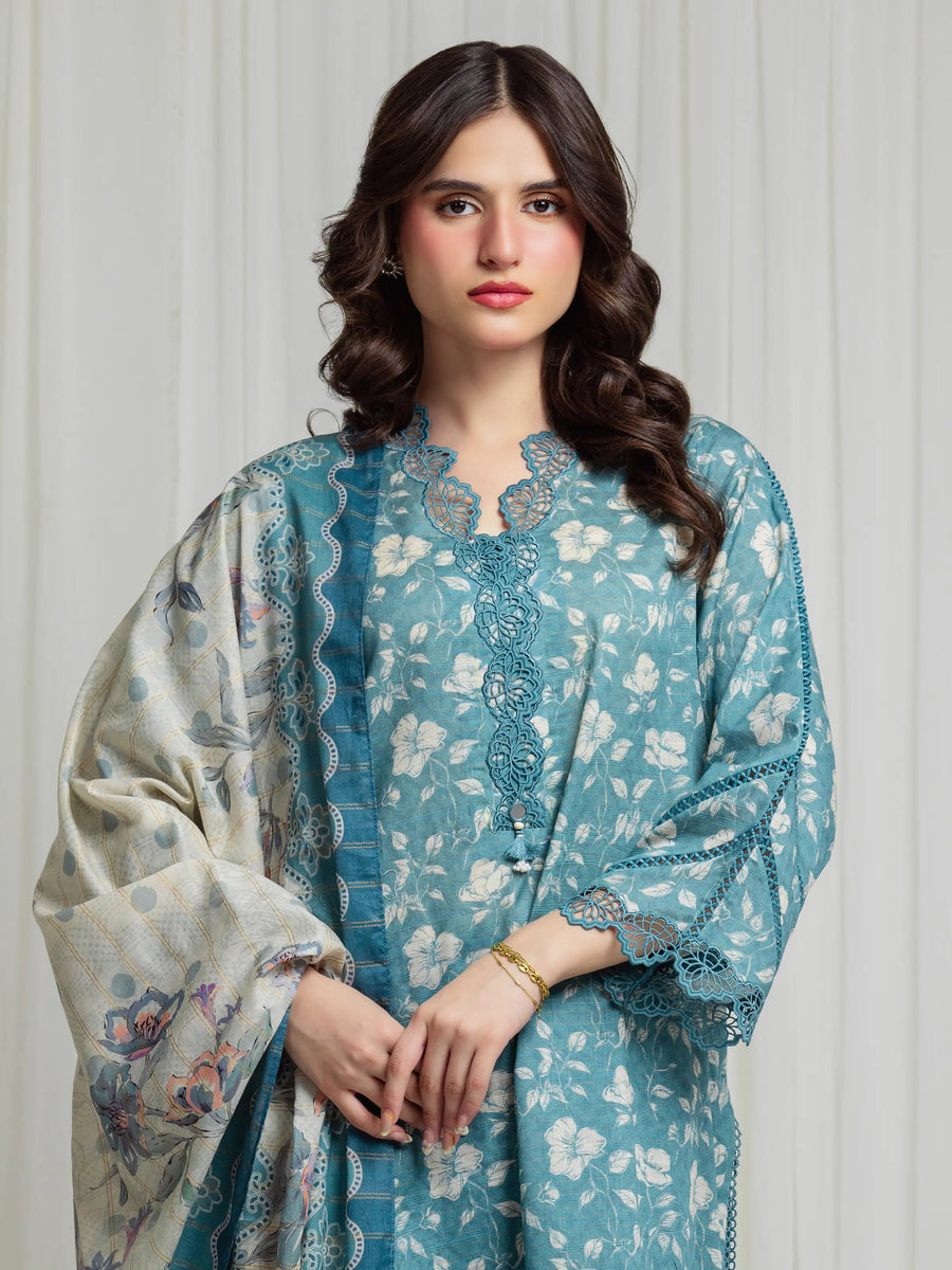 edenrobe Merak Printed Zari Lawn Unstitched 3Pc Suit EWU6M6-097