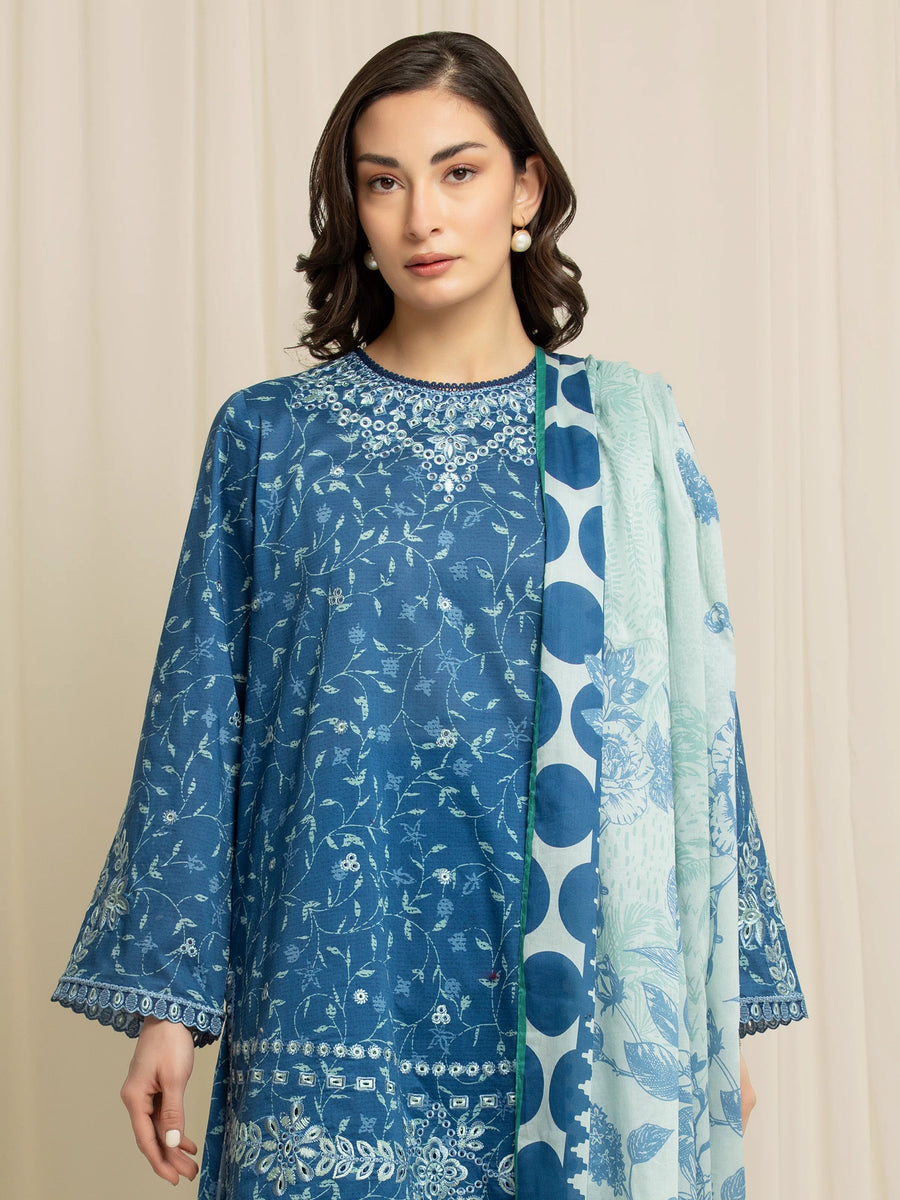 edenrobe Premium Embroidered Lawn Unstitched 3Pc Suit EWU6V1-33004