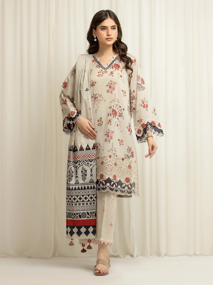 edenrobe Premium Embroidered Lawn Unstitched 3Pc Suit EWU6V1-33012