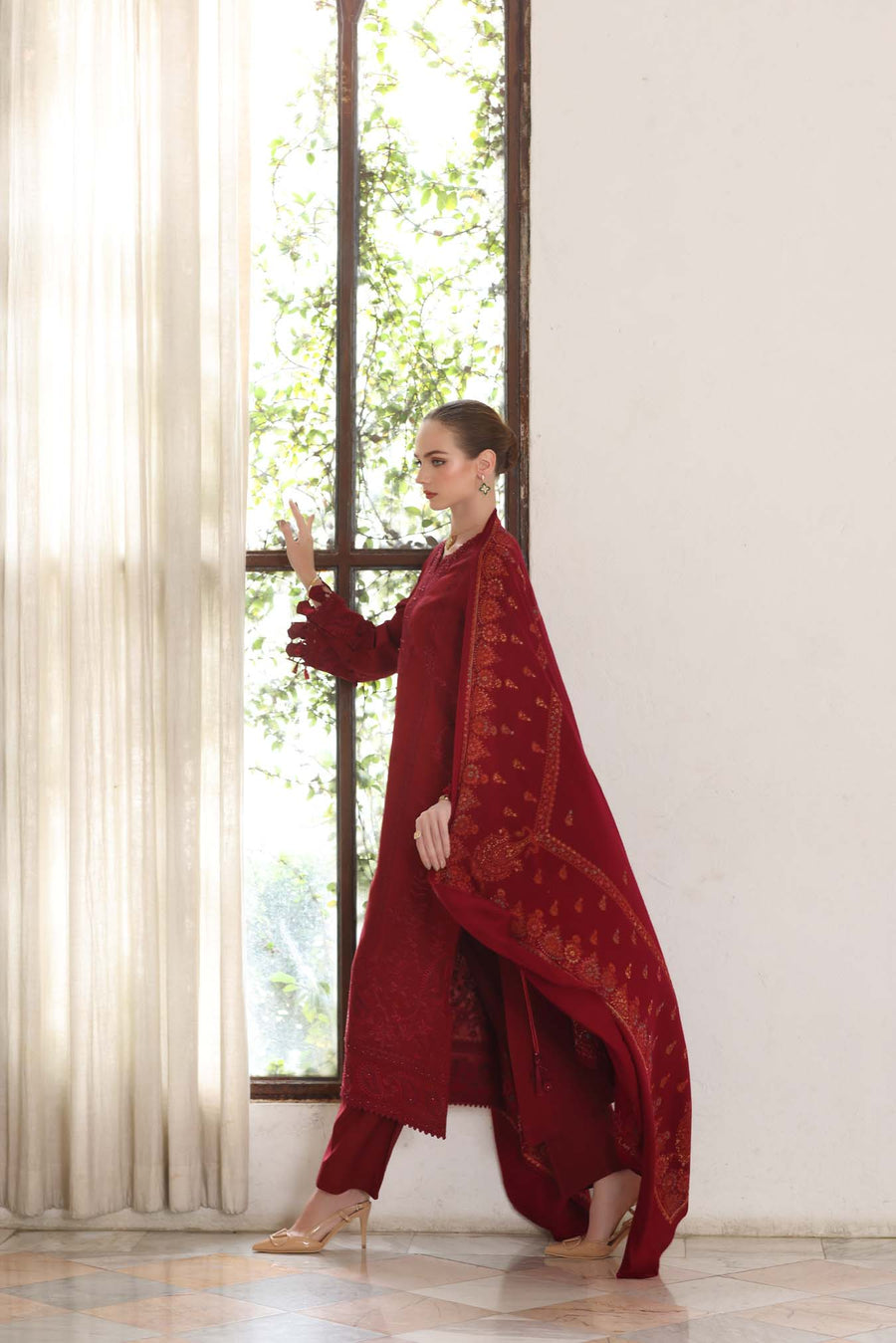 Noor by Saadia Asad Embroidered Linen Unstitched 3Pc Suit D-05 Ember