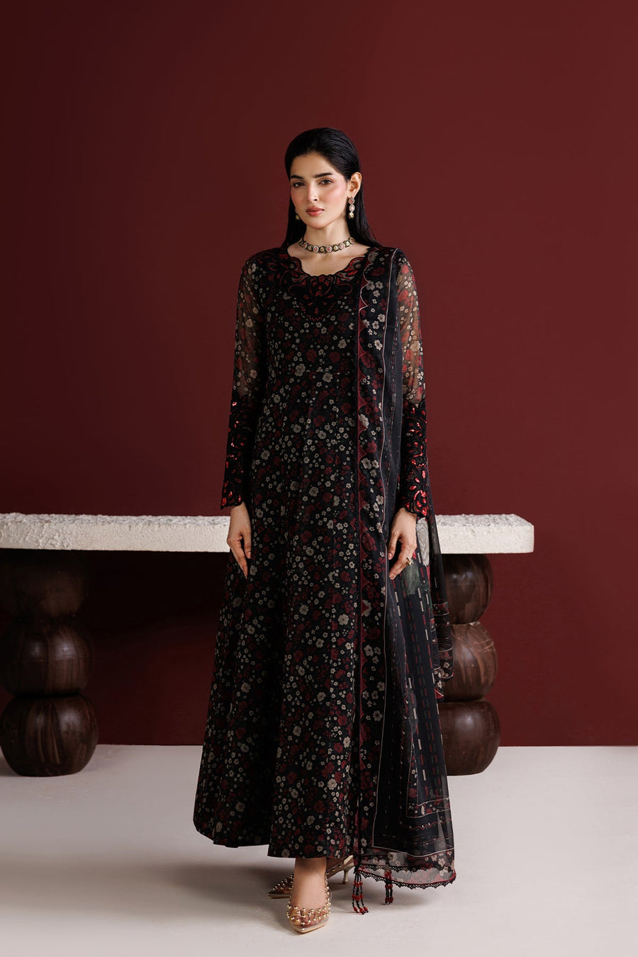 Farasha Fiorella Embroidered Chiffon Unstitched 3Pc Suit - Ember Veil