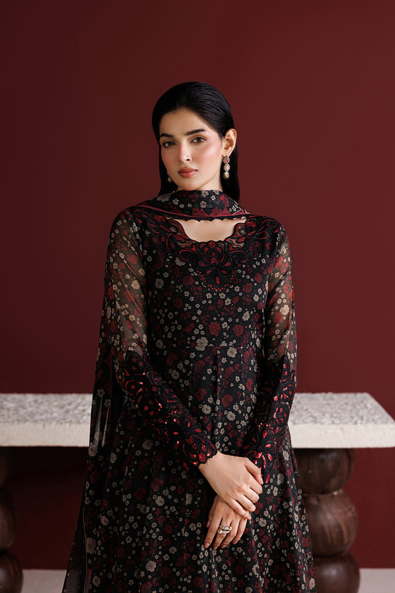 Farasha Fiorella Embroidered Chiffon Unstitched 3Pc Suit - Ember Veil