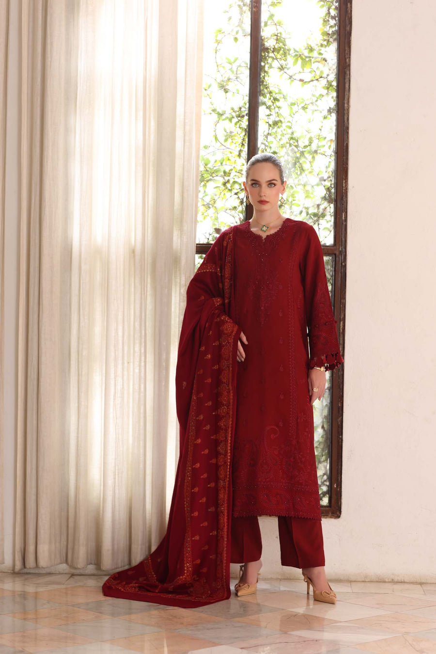 Noor by Saadia Asad Embroidered Linen Unstitched 3Pc Suit D-05 Ember
