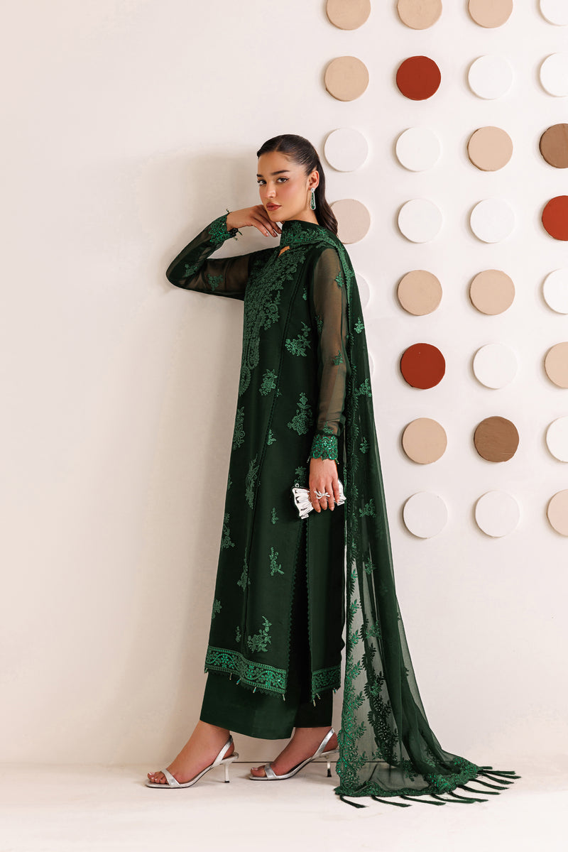 Farasha Luxury Formal Embroidered Chiffon Unstitched 3Pc Suit - Emerald Leaf