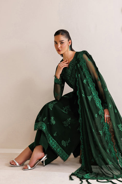 Farasha Luxury Formal Embroidered Chiffon Unstitched 3Pc Suit - Emerald Leaf