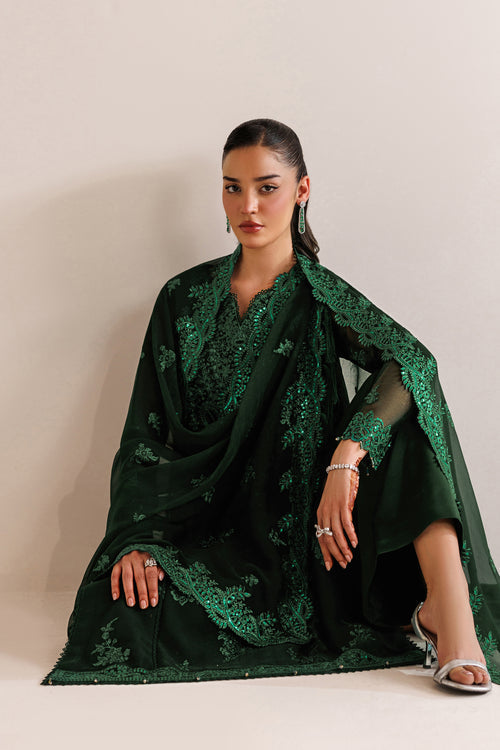 Farasha Luxury Formal Embroidered Chiffon Unstitched 3Pc Suit - Emerald Leaf