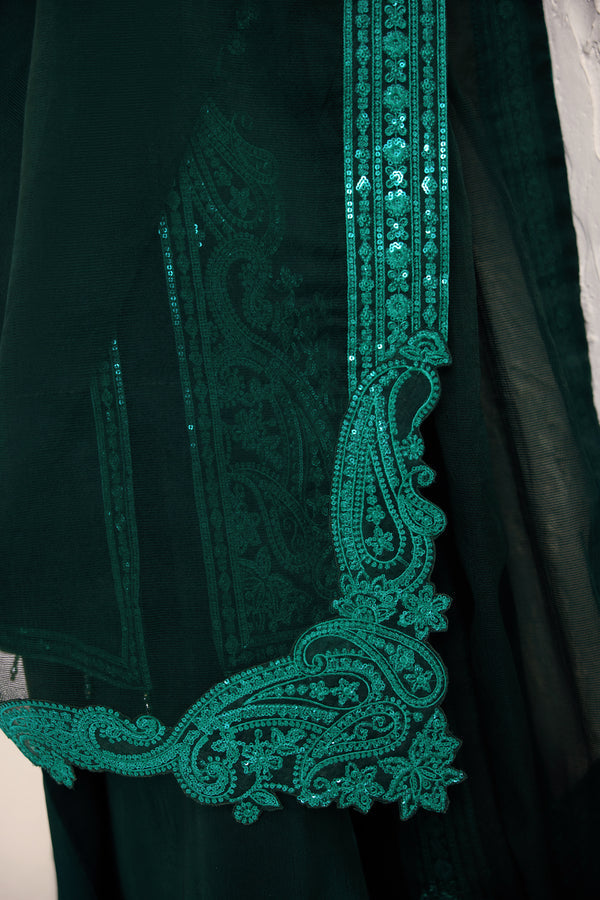 Farasha Embroidered Luxury Korean Raw Silk Unstitched 3Pc Suit - Emerald Luxe