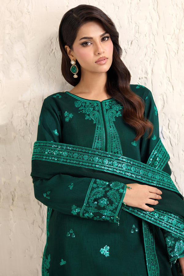 Farasha Embroidered Luxury Korean Raw Silk Unstitched 3Pc Suit - Emerald Luxe