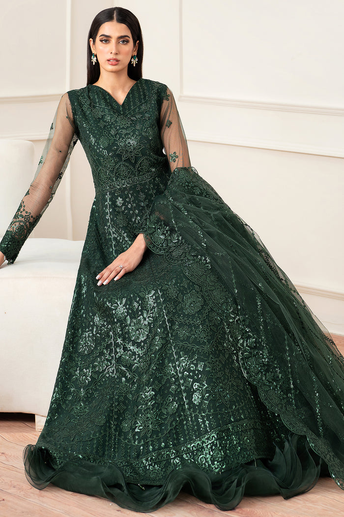 Farasha Essence Embroidered Net Unstitched 3Pc Suit - Emerald Muse