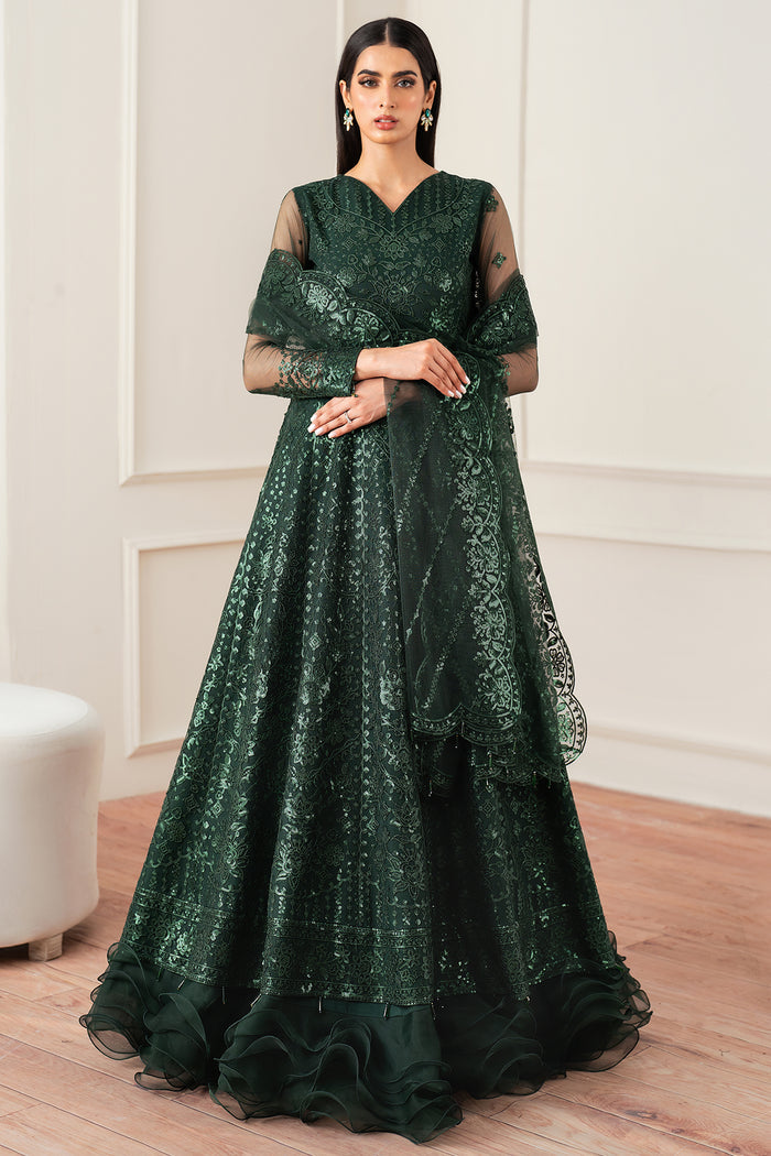 Farasha Essence Embroidered Net Unstitched 3Pc Suit - Emerald Muse