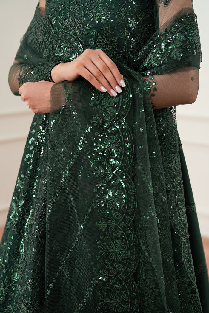 Farasha Essence Embroidered Net Unstitched 3Pc Suit - Emerald Muse