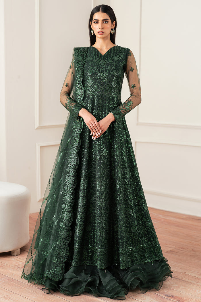 Farasha Essence Embroidered Net Unstitched 3Pc Suit - Emerald Muse