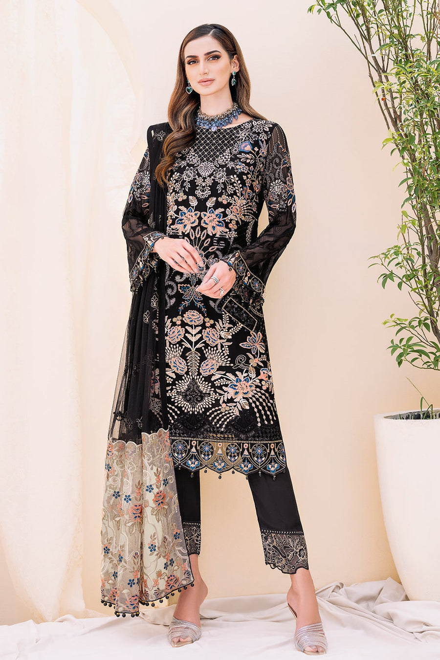 Ramsha Embroidered Chiffon Unstitched 3 Piece Suit F-2301