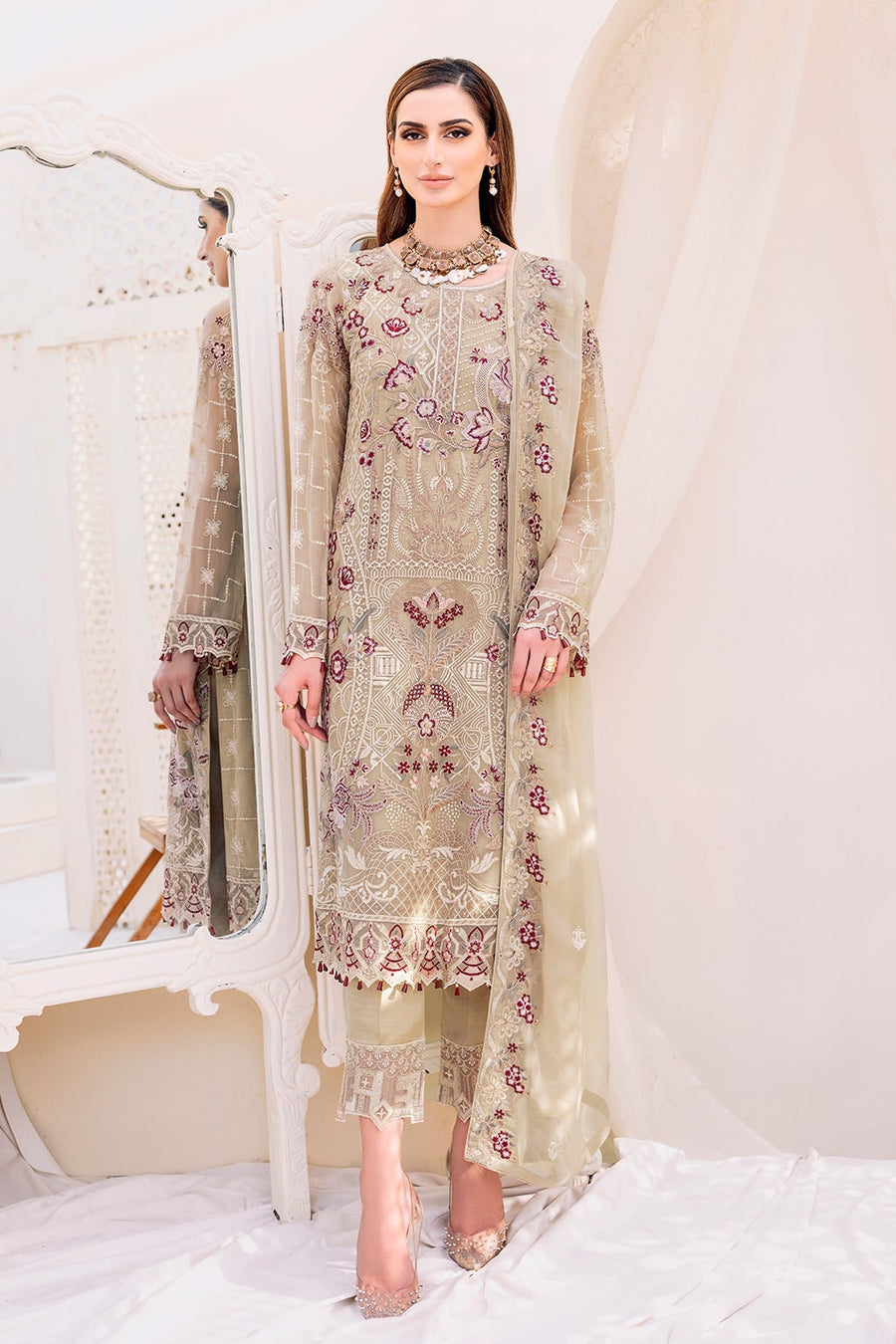Ramsha Embroidered Chiffon Unstitched 3 Piece Suit F-2306