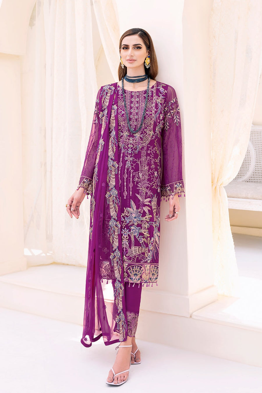 Ramsha Embroidered Chiffon Unstitched 3 Piece Suit F-2307