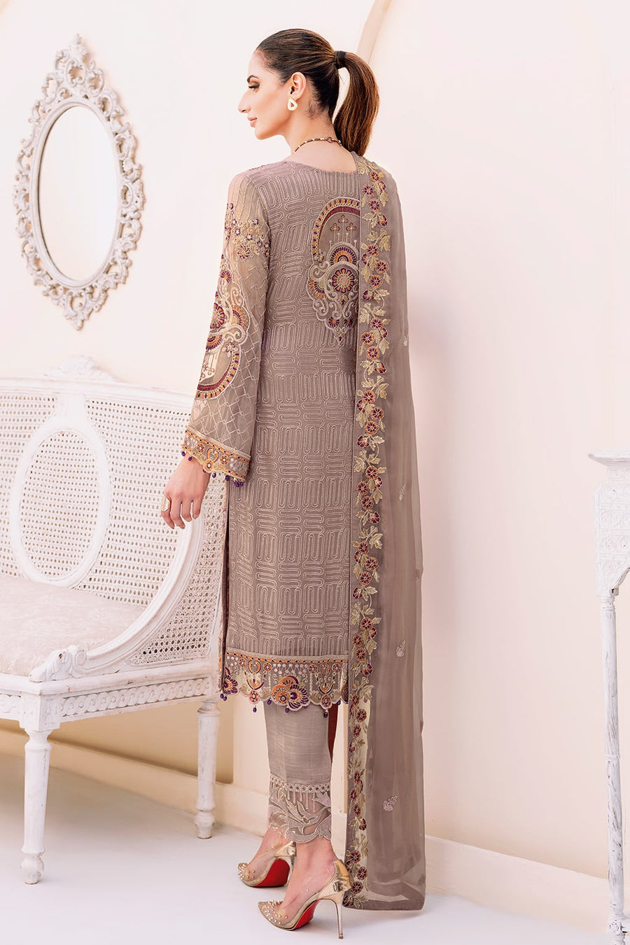 Ramsha Embroidered Chiffon Unstitched 3 Piece Suit F-2311