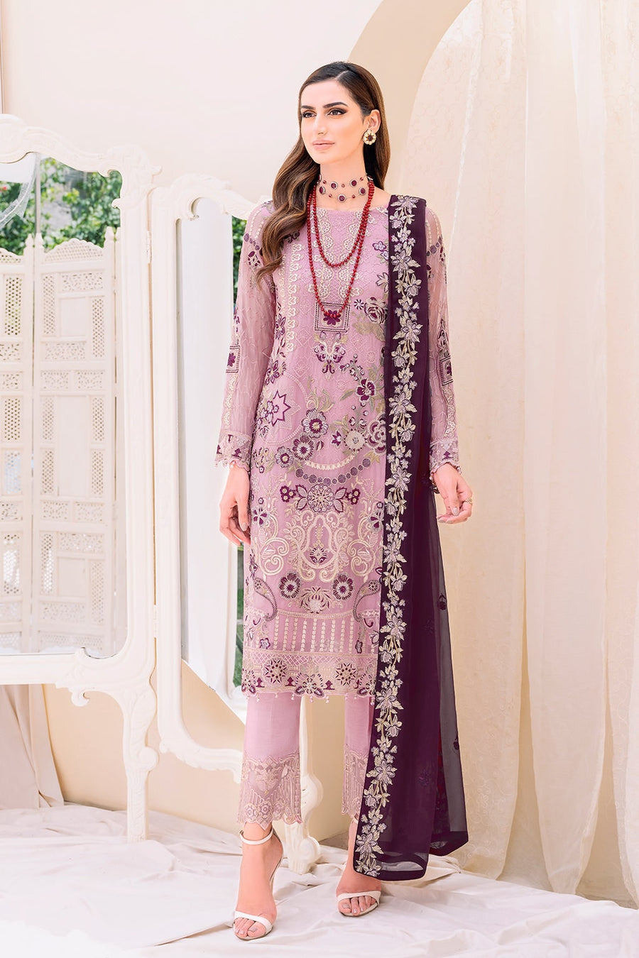 Ramsha Embroidered Chiffon Unstitched 3 Piece Suit F-2312