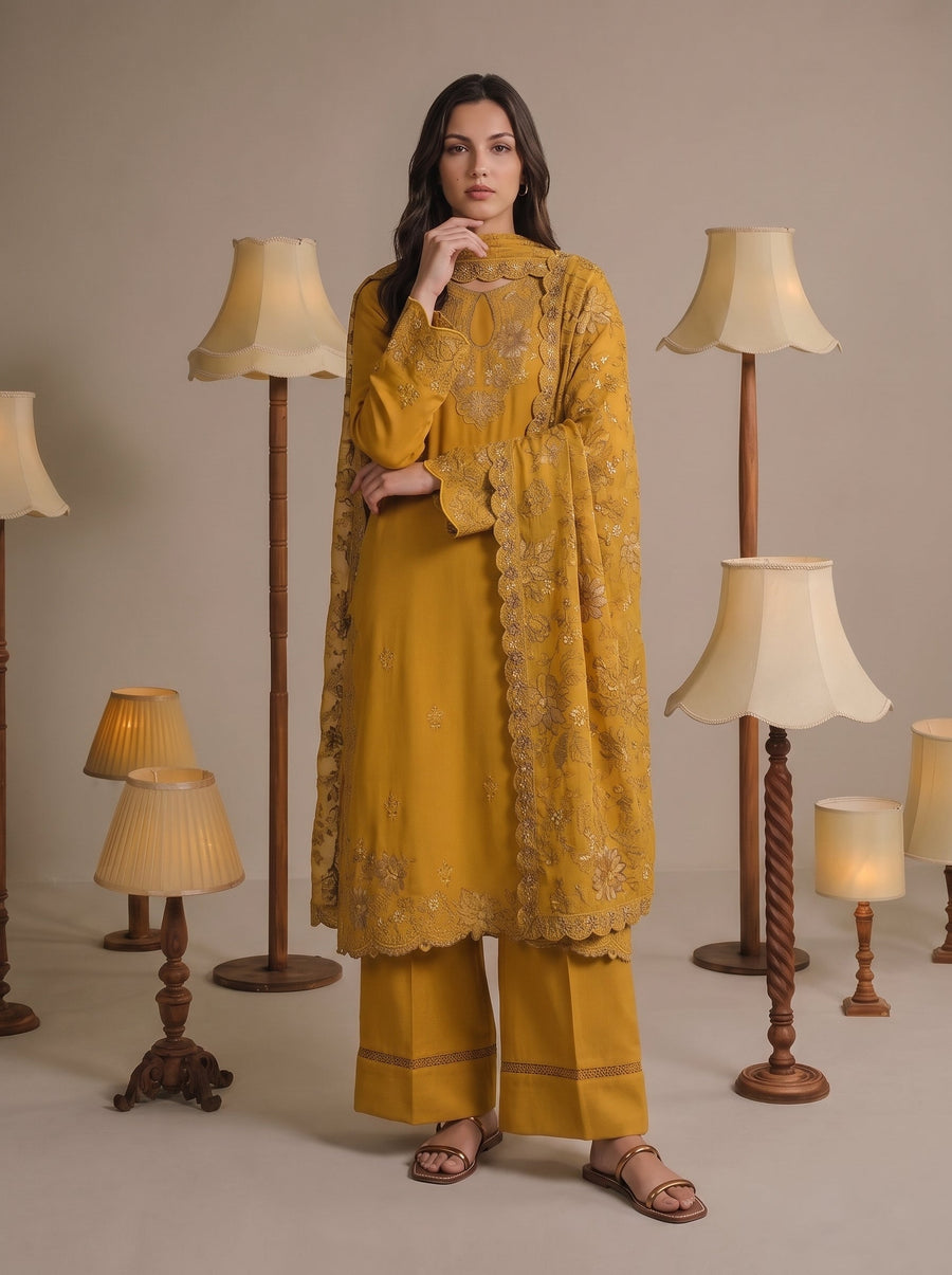 Viana by Sanam Saeed Embroidered Karandi Unstitched 3Pc Suit - FAWN