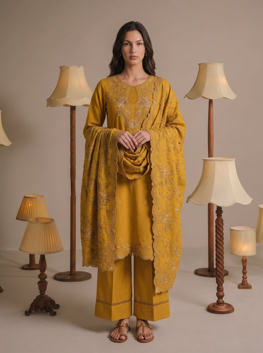 Viana by Sanam Saeed Embroidered Karandi Unstitched 3Pc Suit - FAWN