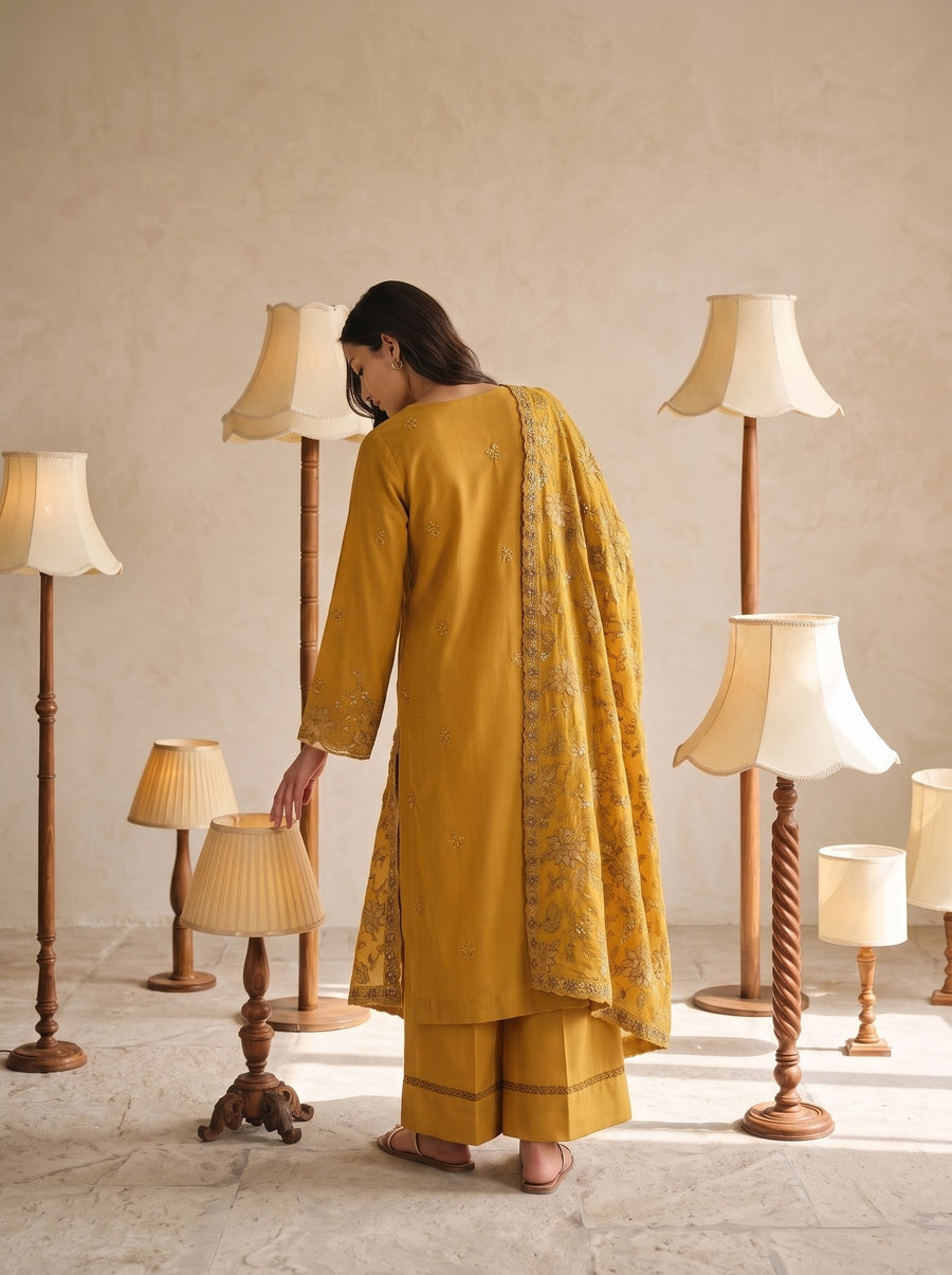 Viana by Sanam Saeed Embroidered Karandi Unstitched 3Pc Suit - FAWN
