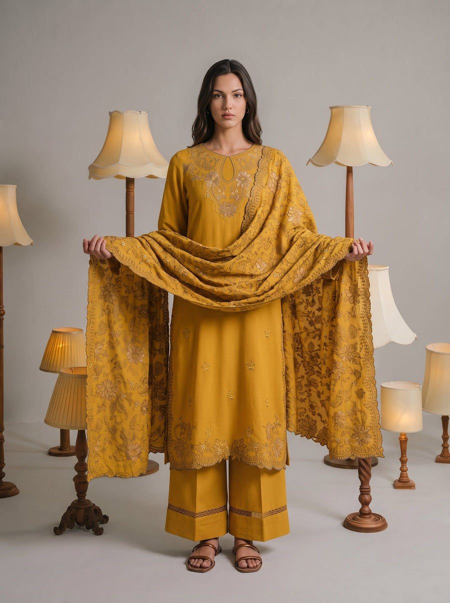 Viana by Sanam Saeed Embroidered Karandi Unstitched 3Pc Suit - FAWN
