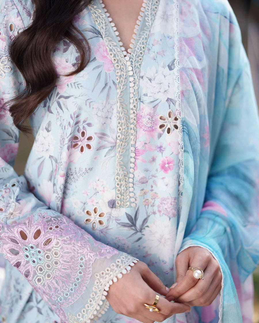 Neeshay Printkari Embroidered Lawn Unstitched 3Pc Suit - FLEURIE