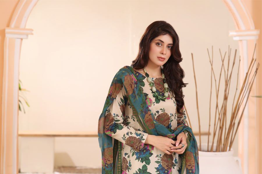 Feathers Unstitched Digital Printed Premium Lawn 3Pc Suit AQUA-FT229