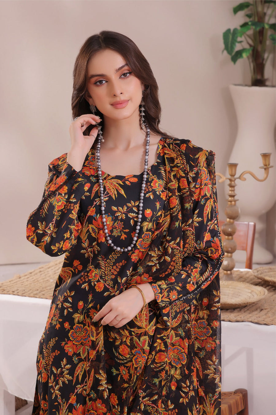 Feathers Unstitched Digital Printed Premium Lawn 3Pc Suit DARK NOIR-FT275