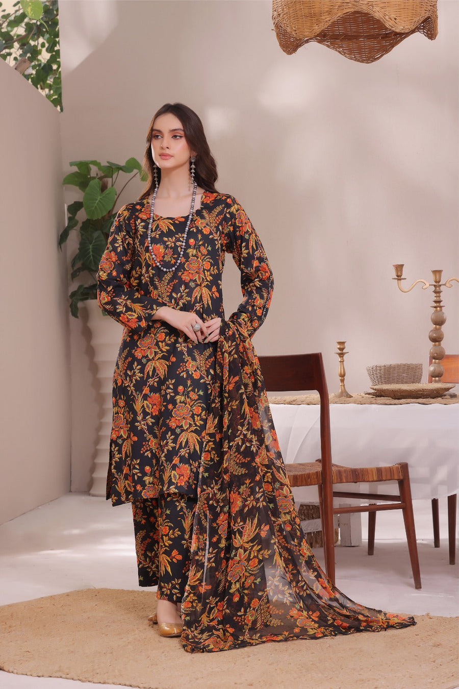 Feathers Unstitched Digital Printed Premium Lawn 3Pc Suit DARK NOIR-FT275