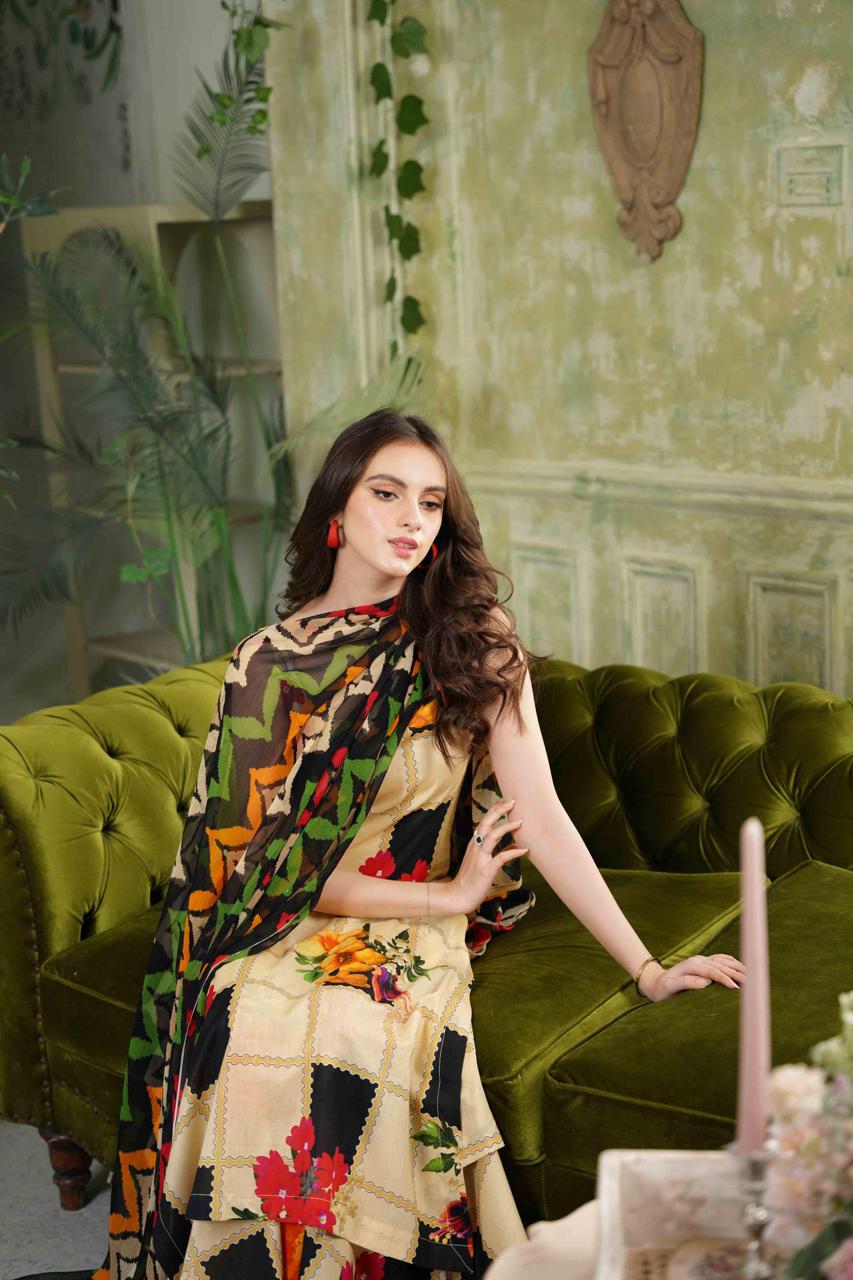 Feathers Chic Bella Unstitched Printed Lawn 3Pc Suit Ripple-FT386