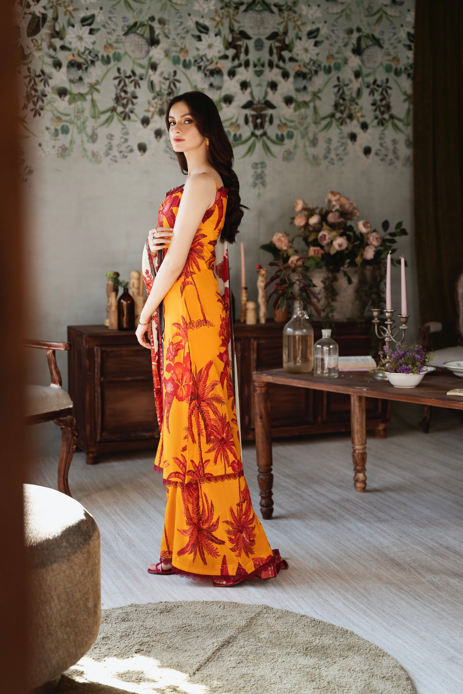 Feathers Chic Bella Unstitched Printed Lawn 3Pc Suit Ochre-FT387