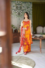 Feathers Chic Bella Unstitched Printed Lawn 3Pc Suit Ochre-FT387