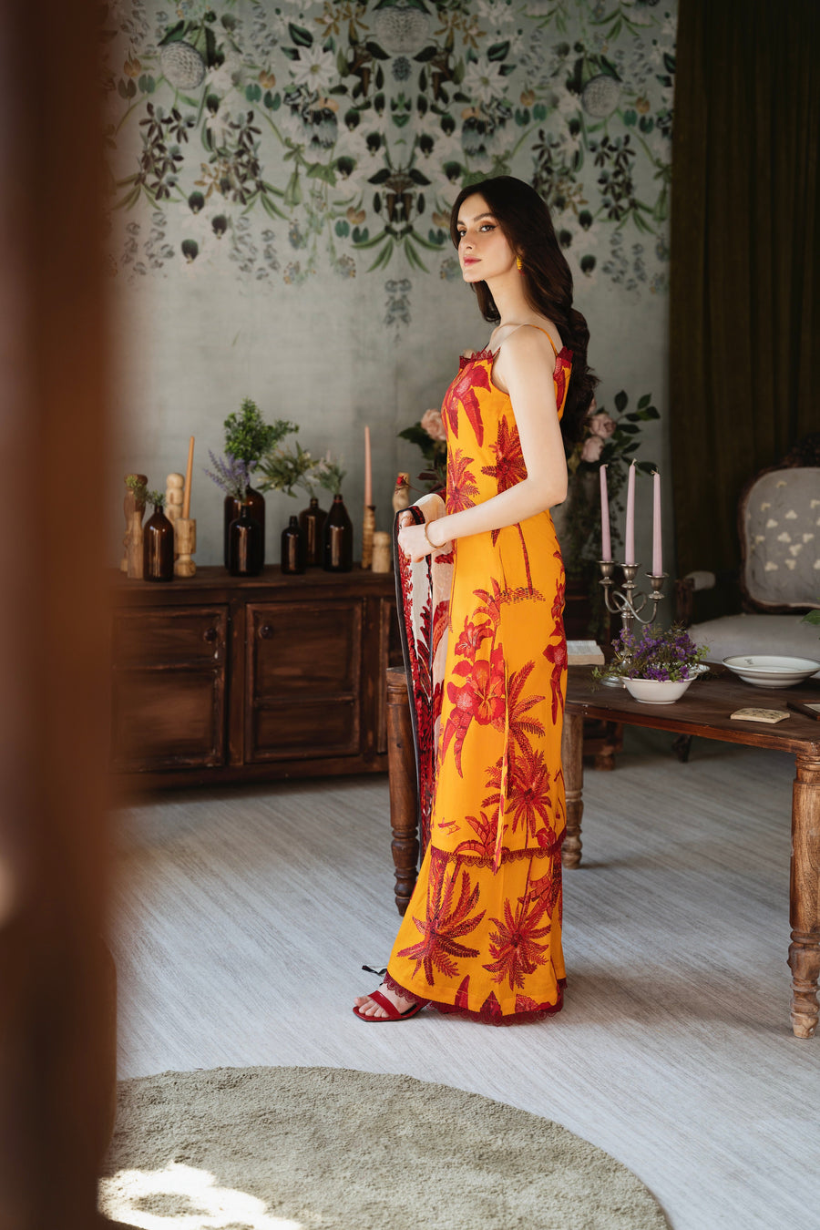 Feathers Chic Bella Unstitched Printed Lawn 3Pc Suit Ochre-FT387
