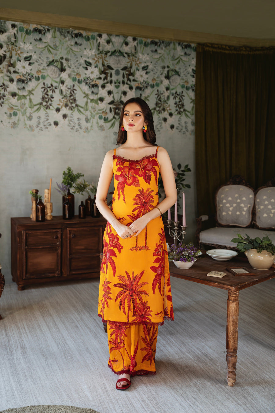 Feathers Chic Bella Unstitched Printed Lawn 3Pc Suit Ochre-FT387