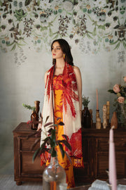 Feathers Chic Bella Unstitched Printed Lawn 3Pc Suit Ochre-FT387