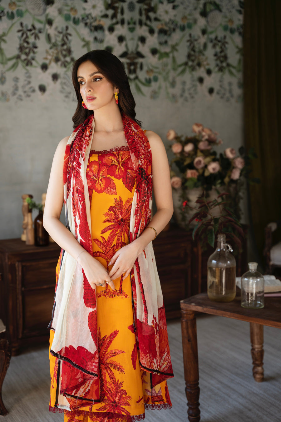 Feathers Chic Bella Unstitched Printed Lawn 3Pc Suit Ochre-FT387