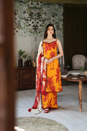 Feathers Chic Bella Unstitched Printed Lawn 3Pc Suit Ochre-FT387