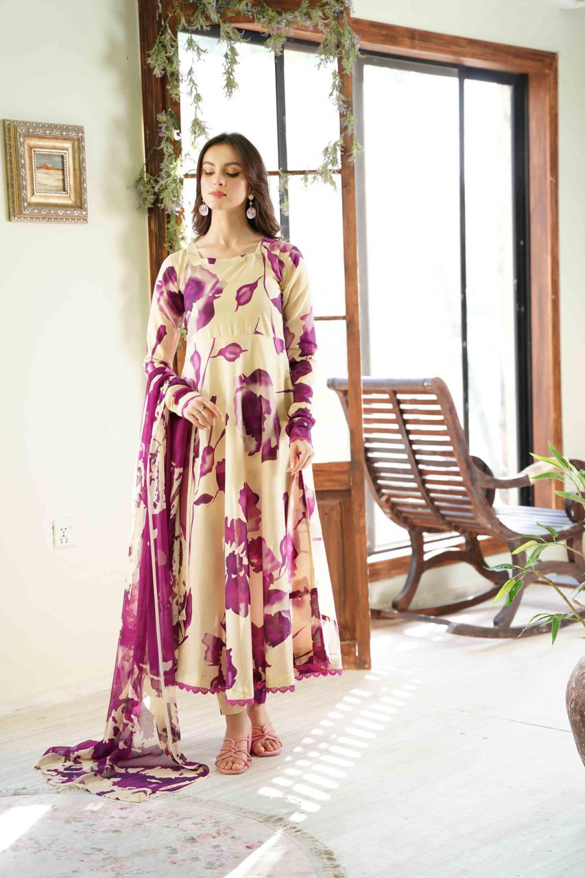 Feathers Chic Bella Unstitched Printed Lawn 3Pc Suit Nuage-FT391