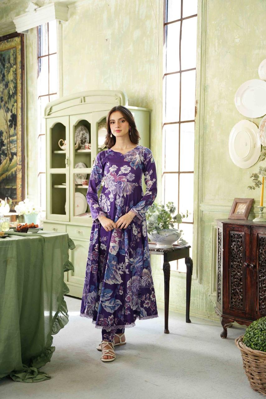 Feathers Chic Bella Unstitched Printed Lawn 3Pc Suit Mulberry-FT393