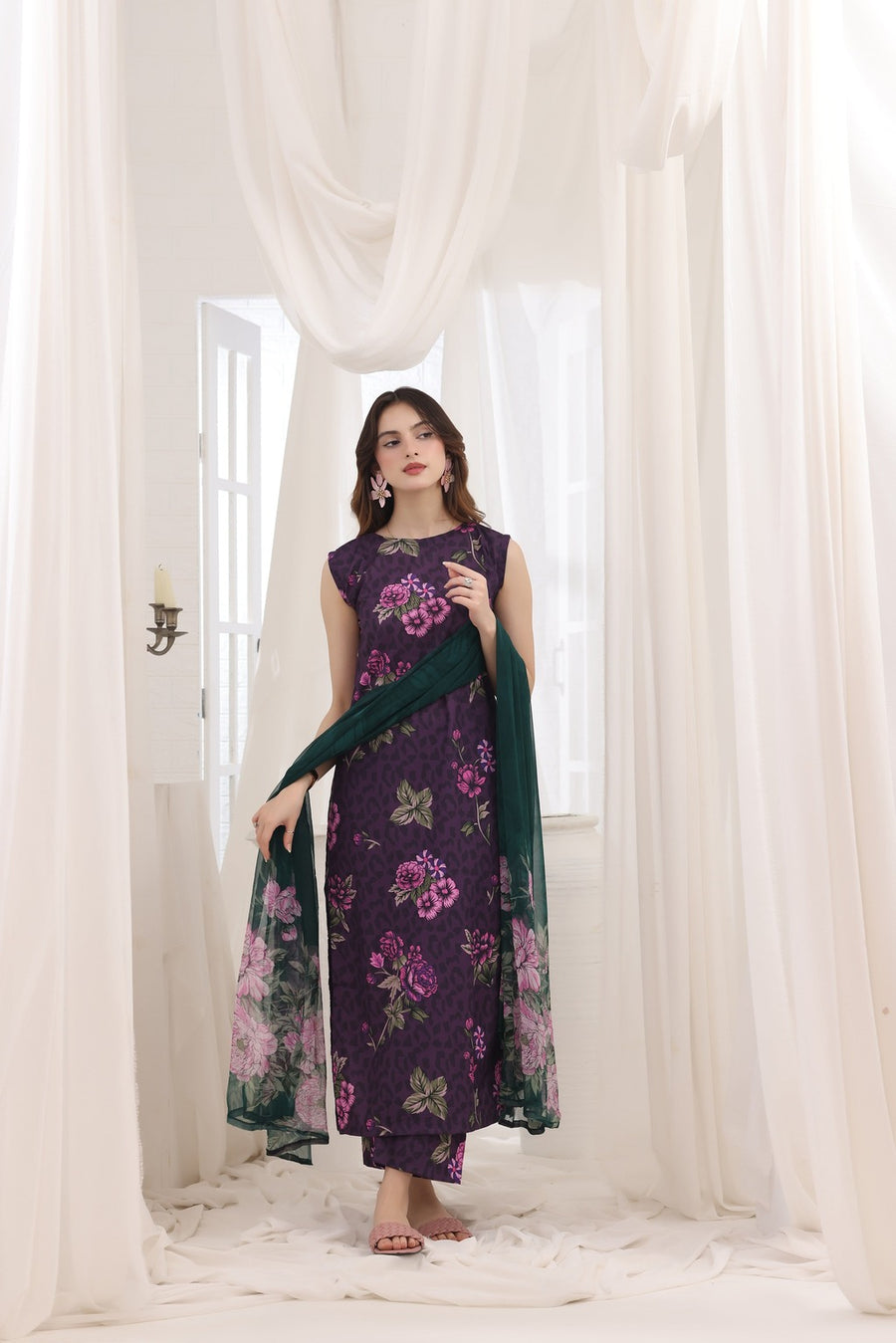 Feathers Premium House of Petals Unstitched Lawn 3Pc Suit Magenta Matrix-FT743