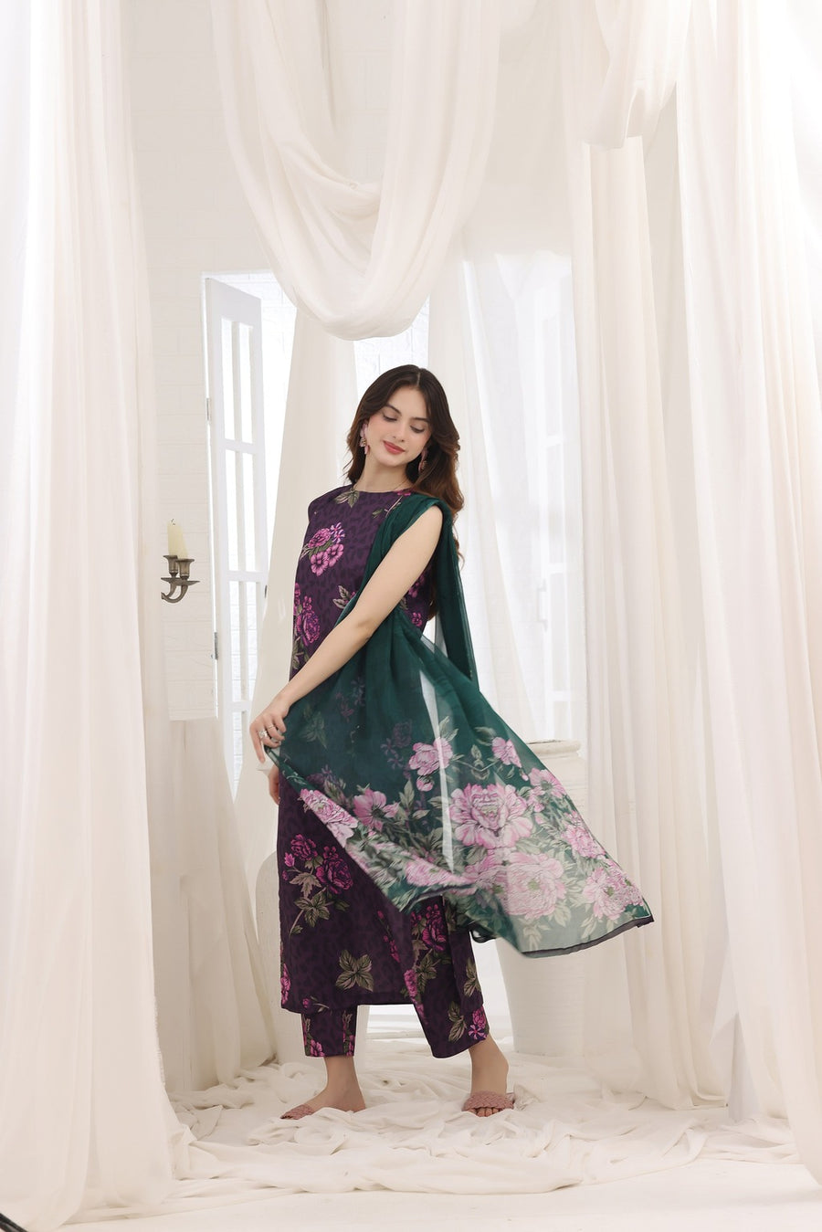Feathers Premium House of Petals Unstitched Lawn 3Pc Suit Magenta Matrix-FT743